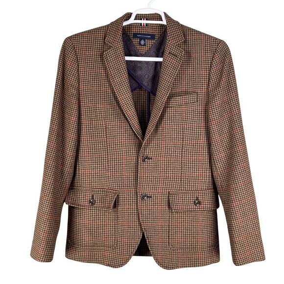 Tommy Hilfiger Mens M Wool Blend Houndstooth Blazer Suede Elbow Patches Timeless - Picture 7 of 16